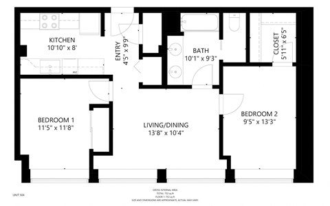 Floor plan for 2 beds, 1 bath, 750 sqft